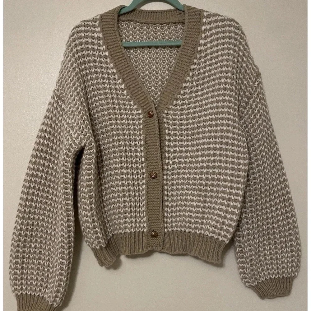 New Cardigan Sweater L Classy Taupe White Gold Time Buttons Large